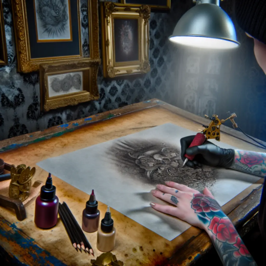 Artysta szkicuje projekt tatuażu w pracowni projektowej