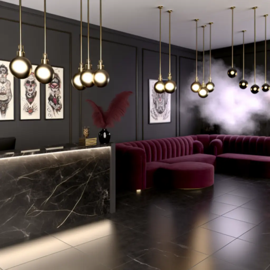Elegancka recepcja studia tatuażu Waffle Advertising Ltd w odcieniach czerni i złota