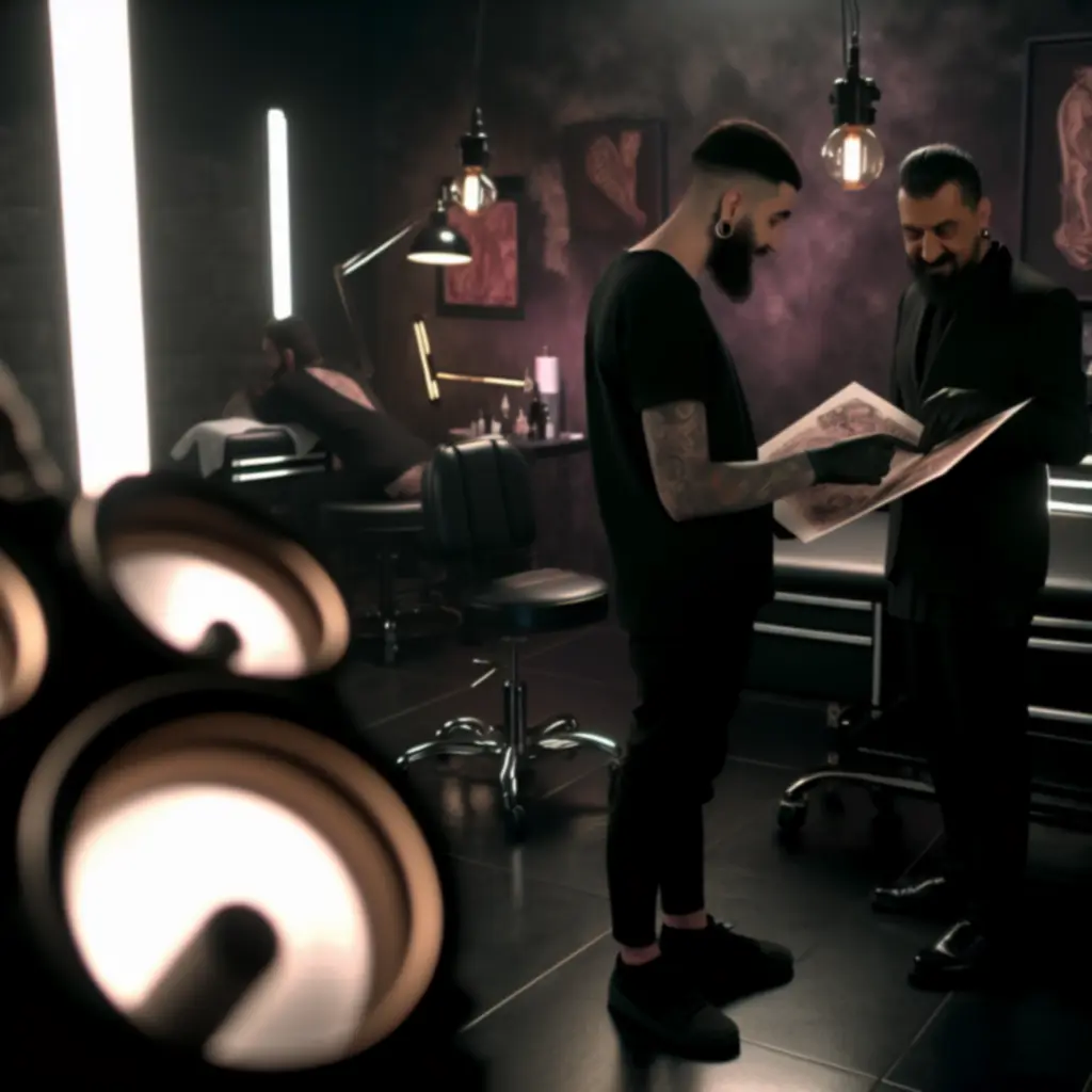 Konsultacja z artystą w studio tatuażu podczas omawiania projektu