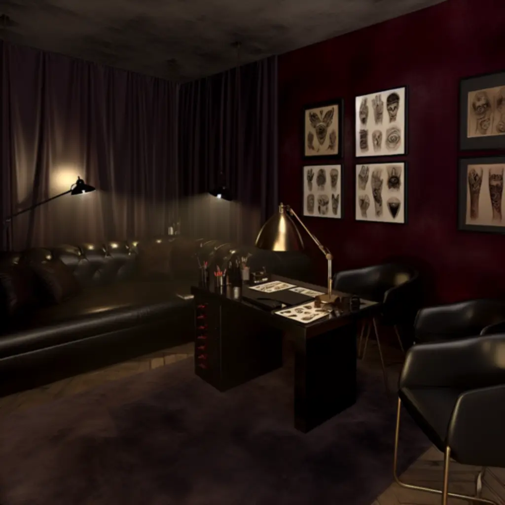 Prywatny salon konsultacyjny z burgundowymi akcentami i profesjonalnym oświetleniem