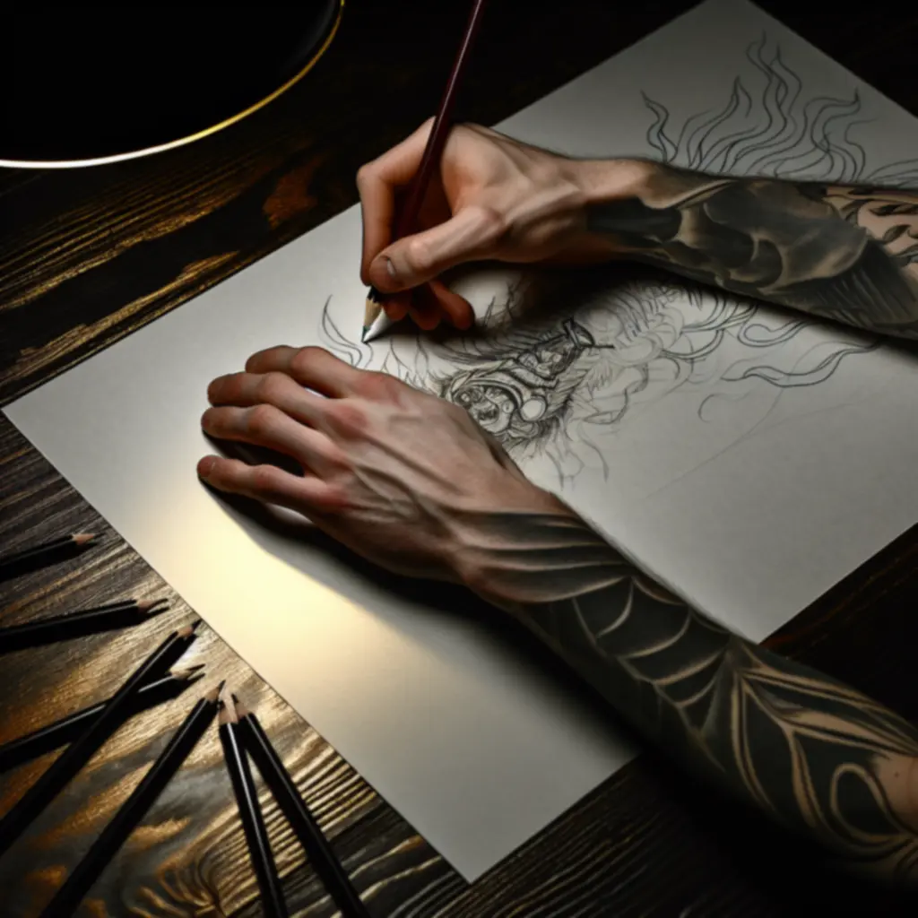 Artysta tworzący szkic projektu tatuażu na papierze