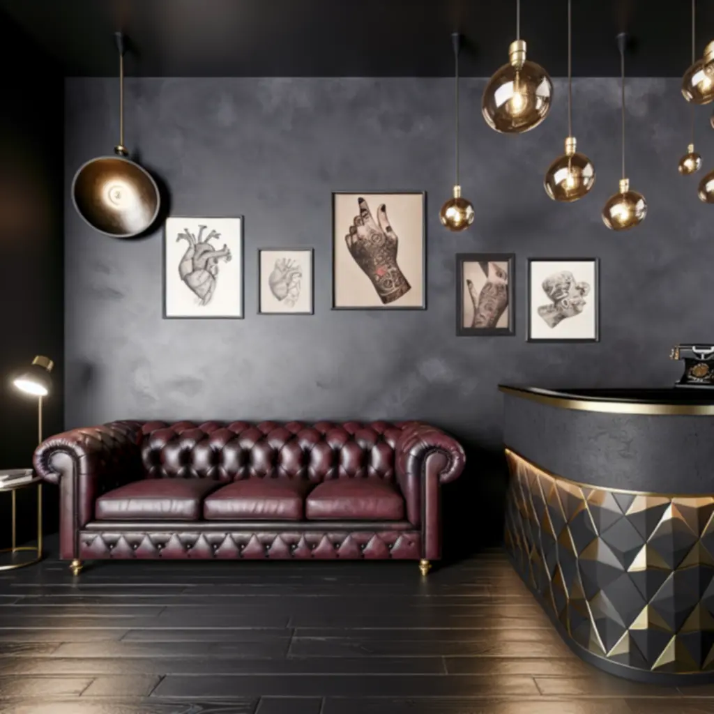 Strefa recepcyjna z bordowymi skórzanymi siedziskami i intymnym oświetleniem