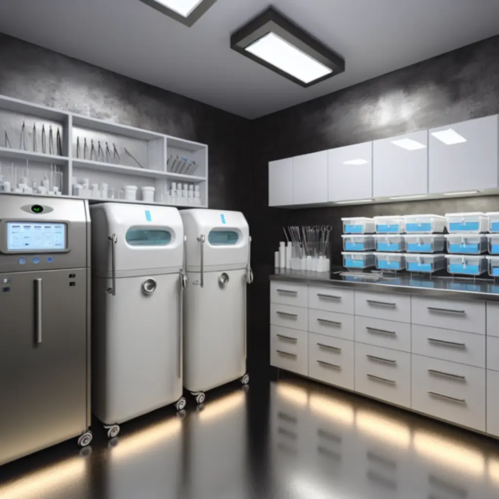 Strefa sterylizacji z autoklawem i sterylnymi narzędziami medycznymi