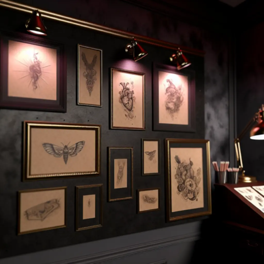Ściana z oryginalnymi dziełami sztuki i materiałami referencyjnymi w studiu