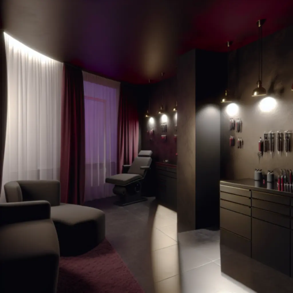 Wnętrze studia Waffle Advertising Ltd z dramatycznym oświetleniem i bordowymi akcentami