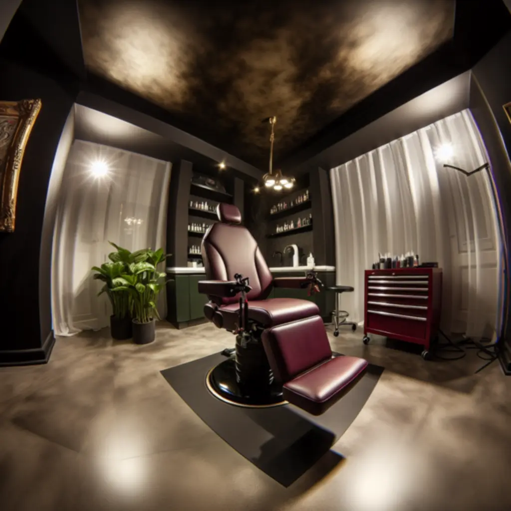 Wnętrze pracowni Waffle Advertising Ltd z aksamitnymi zasłonami i oświetleniem