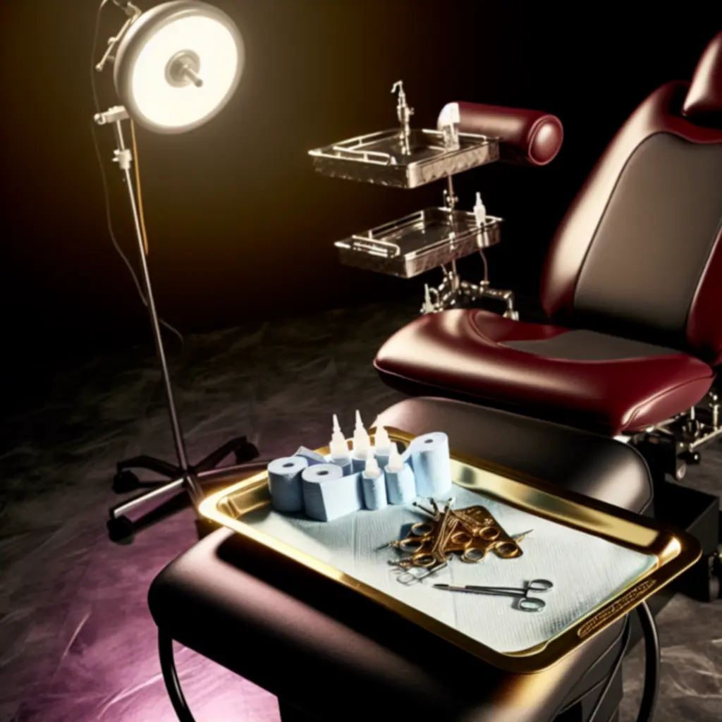 Przygotowane stanowisko tatuażu z hydraulicznym fotelem i chirurgicznym oświetleniem
